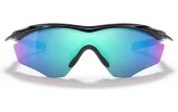 OAKLEY M2 Frame XL p&auml;ikeseprillide eestvaade, mustal raamil t&uuml;rkiissinine peegeldav klaas