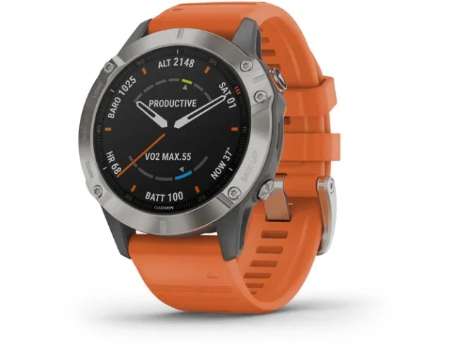 Multispordi kell Garmin fenix 6 Safiir - Ti hall, oranži rihmaga