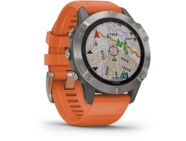 Multispordi kell Garmin fenix 6 Safiir - Ti hall, oranži rihmaga