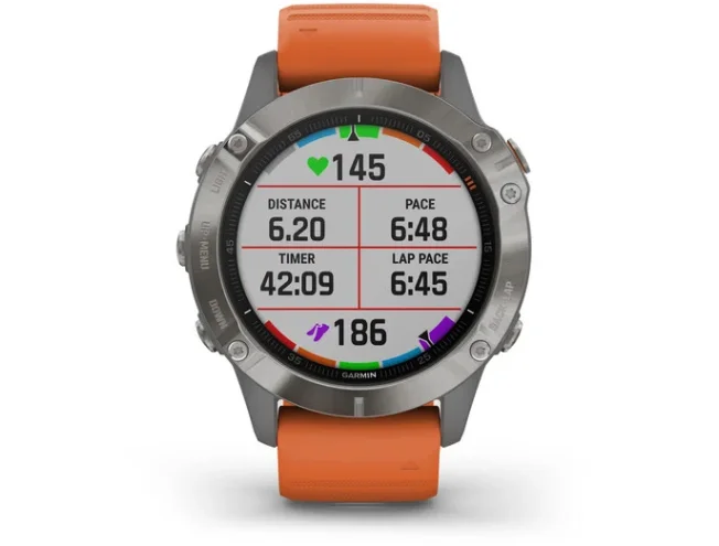 Multispordi kell Garmin fenix 6 Safiir - Ti hall, oranži rihmaga