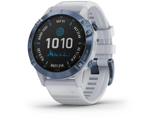 Spordikell Garmin fenix 6 Pro Solar - sinine, valge rihmaga Pro Solar - sinine Ti, valge rihmaga