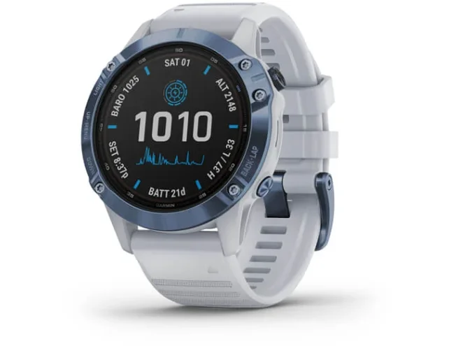 Multispordi kell Garmin fenix 6 Pro Solar - sinine Ti, valge rihmaga