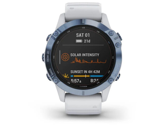 Spordikell Garmin fenix 6 Pro Solar - sinine, valge rihmaga Pro Solar - sinine Ti, valge rihmaga