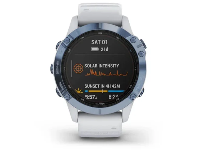Multispordi kell Garmin fenix 6 Pro Solar - sinine Ti, valge rihmaga