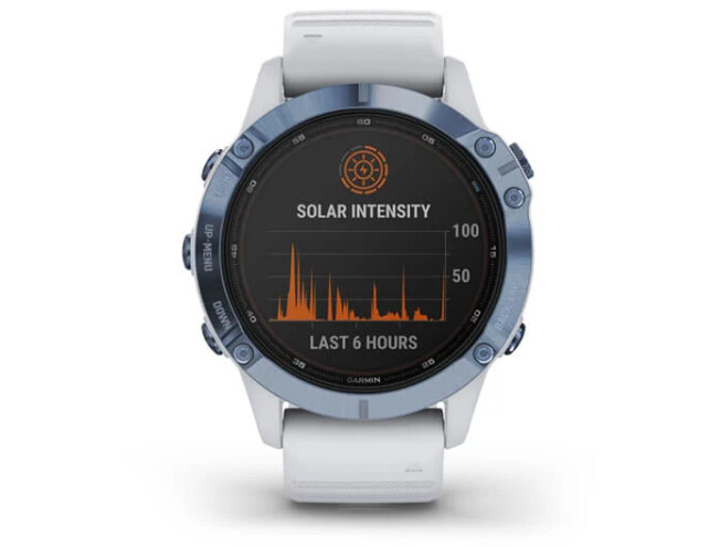 Spordikell Garmin fenix 6 Pro Solar - sinine, valge rihmaga Pro Solar - sinine Ti, valge rihmaga