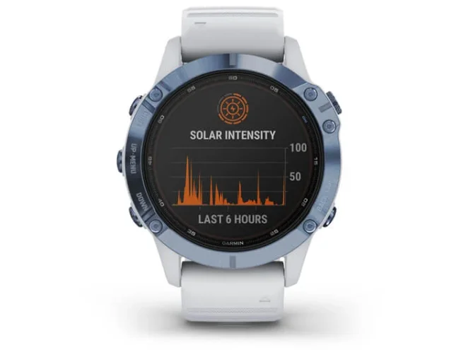 Multispordi kell Garmin fenix 6 Pro Solar - sinine Ti, valge rihmaga