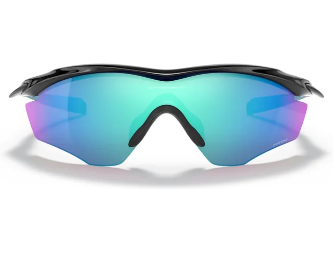 OAKLEY M2 Frame XL p&auml;ikeseprillide eestvaade, mustal raamil t&uuml;rkiissinine peegeldav klaas